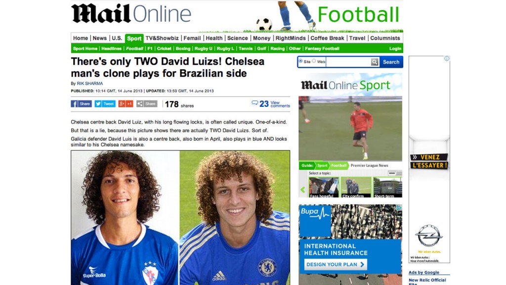 Davi Luís do Galícia e David Luiz do Chelsea no Daily Mail: clones.